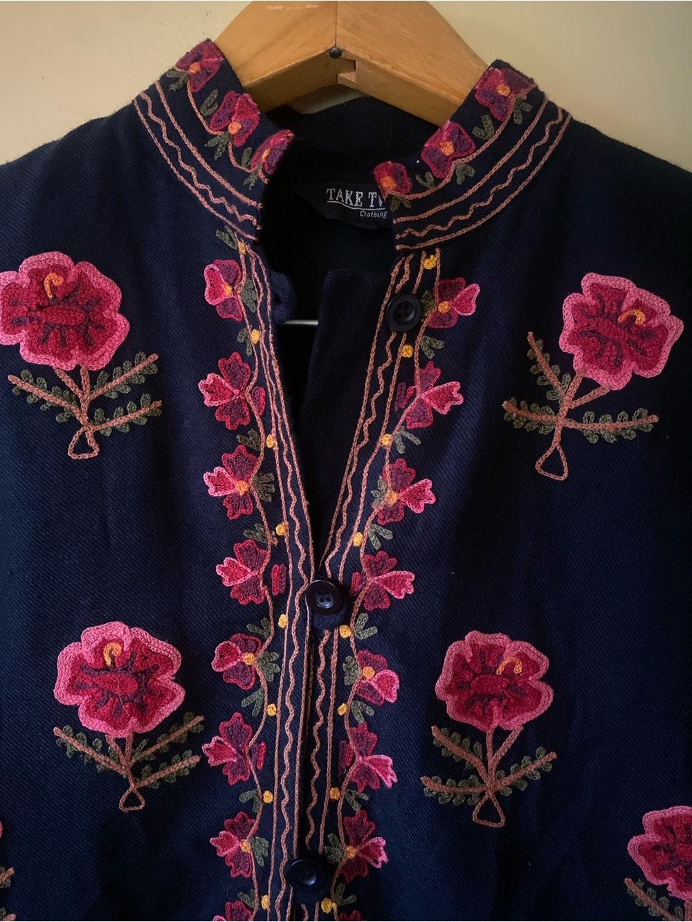 Black Embroidered Floral Midi Dress with Pink Roses